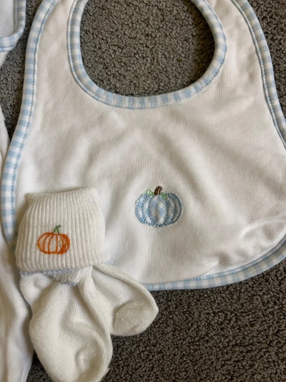 Magnolia Baby 24m pima cotton bubble with pumpkin embroidery, bib and socks